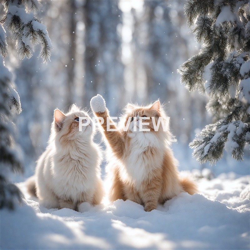 Two fluffy cats, one light-colored and the other orange, sitting in the snow under snow-covered pine tree branches, with one reaching out to touch the other's face.